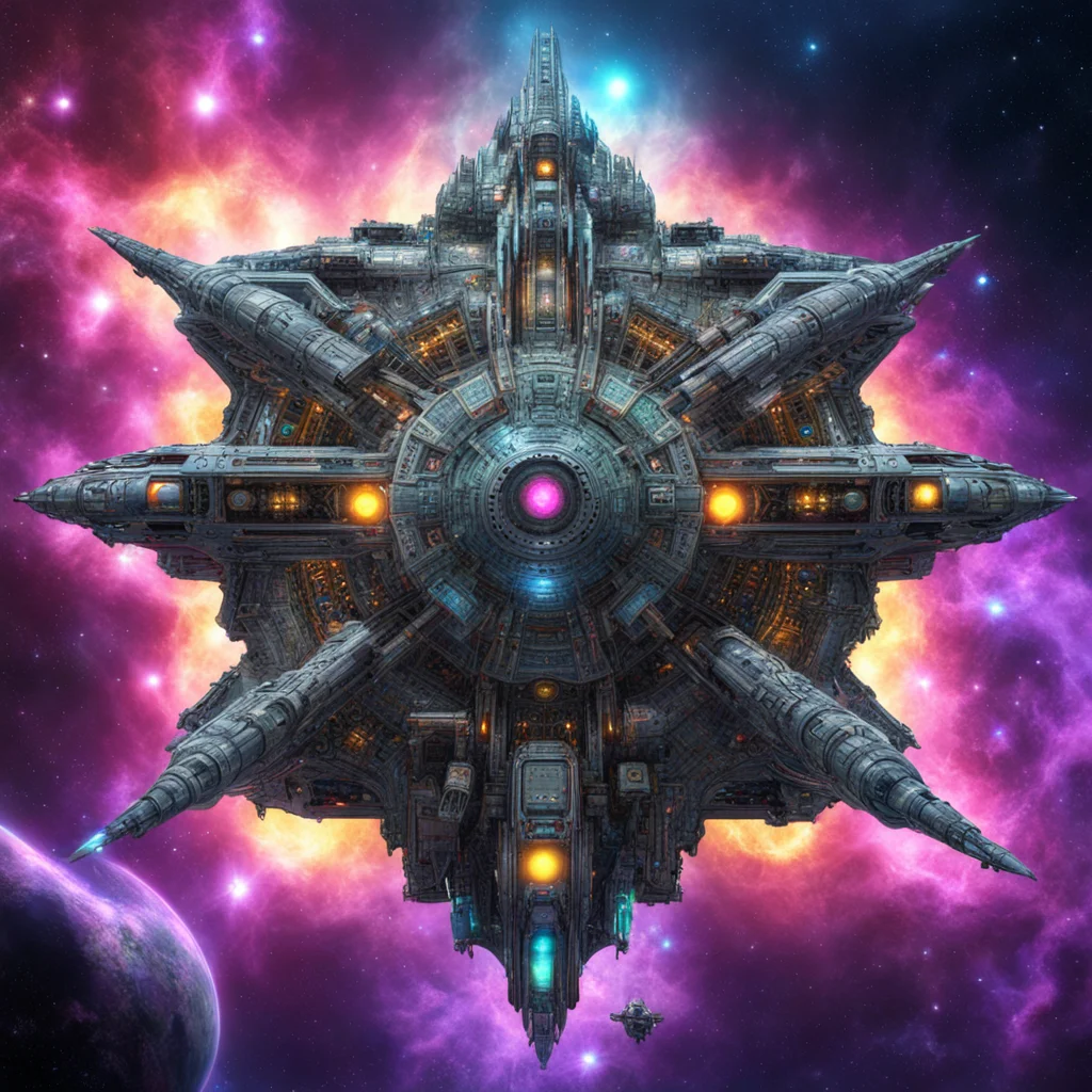 immense hindu spaceship fractal battleship electronic components colored lights laser weapons lot of details hyper reali