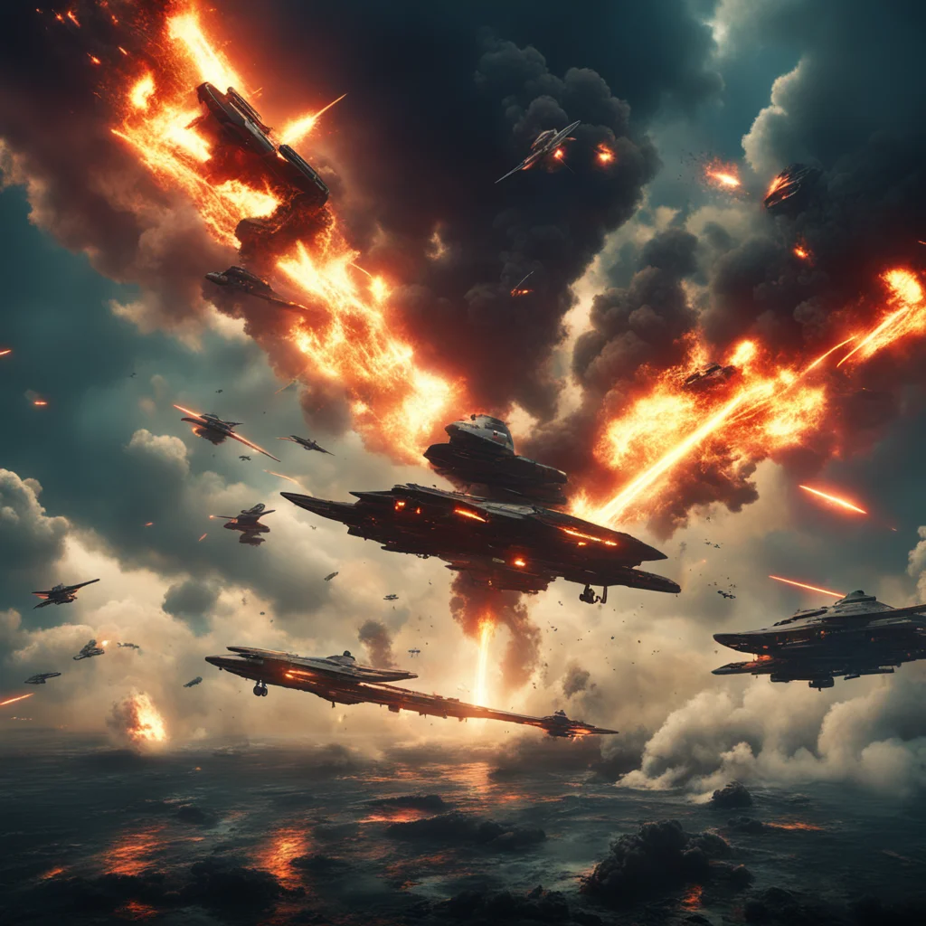 in the style of apocalypse now movie poster epic space battle with many space ships and lasers and explosions atmospheri