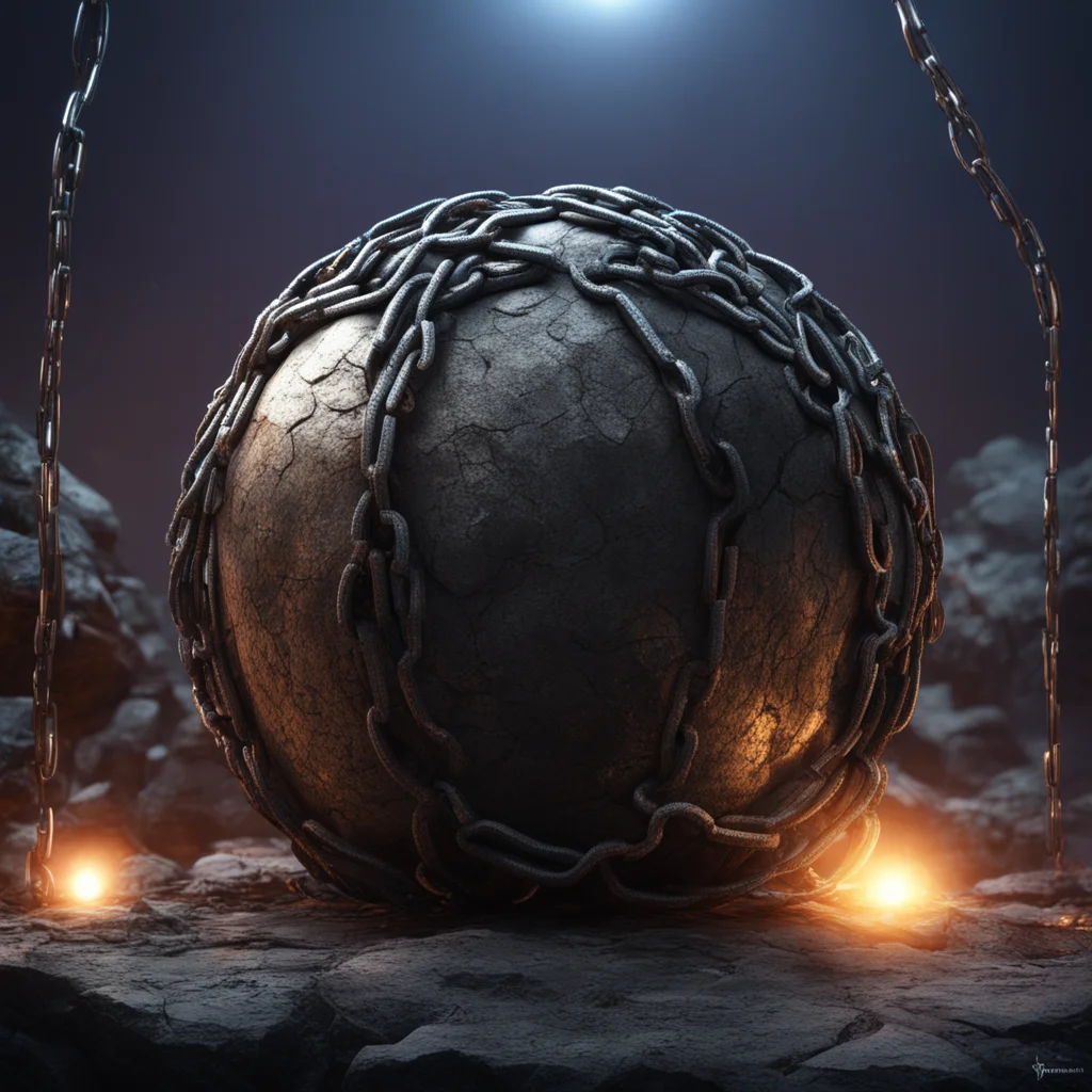 indestructible metal sphere surrounded by huge metal chains on the rock  nighttime moody lights  high details concept ar
