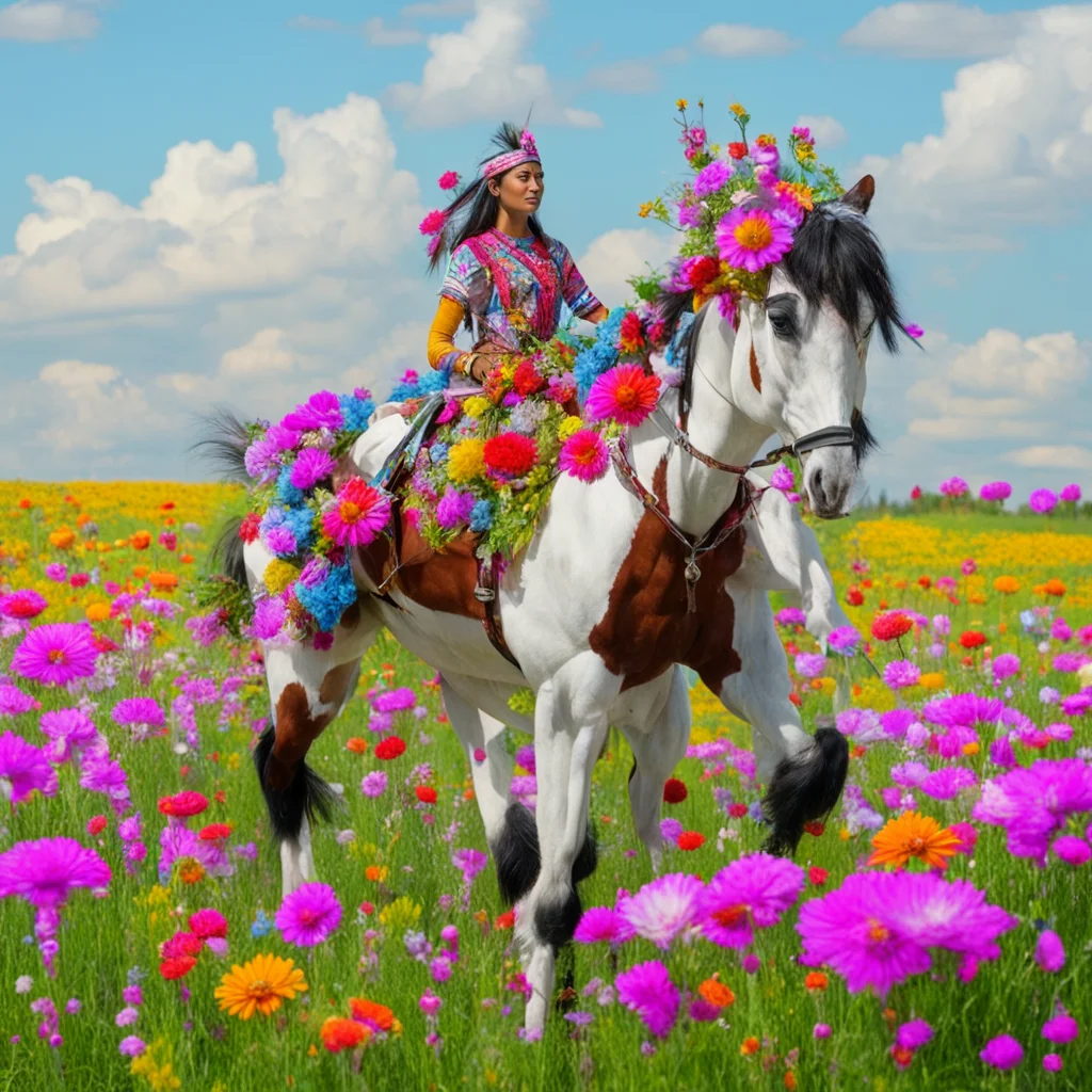 indian riding painted horse field of flowers