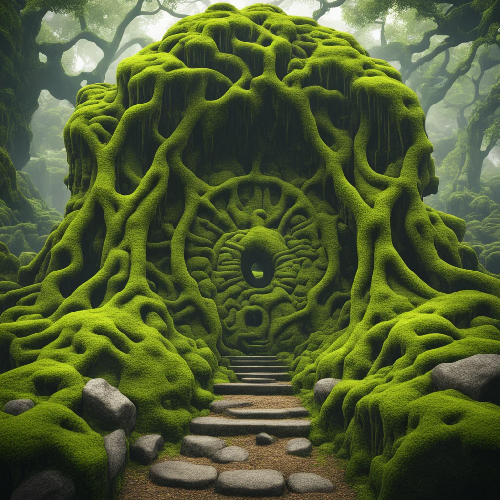 indonesian ancient rocky mossy labyrinth gateyggdrasil realistic photography 4k render cold complementer color scheme1 y