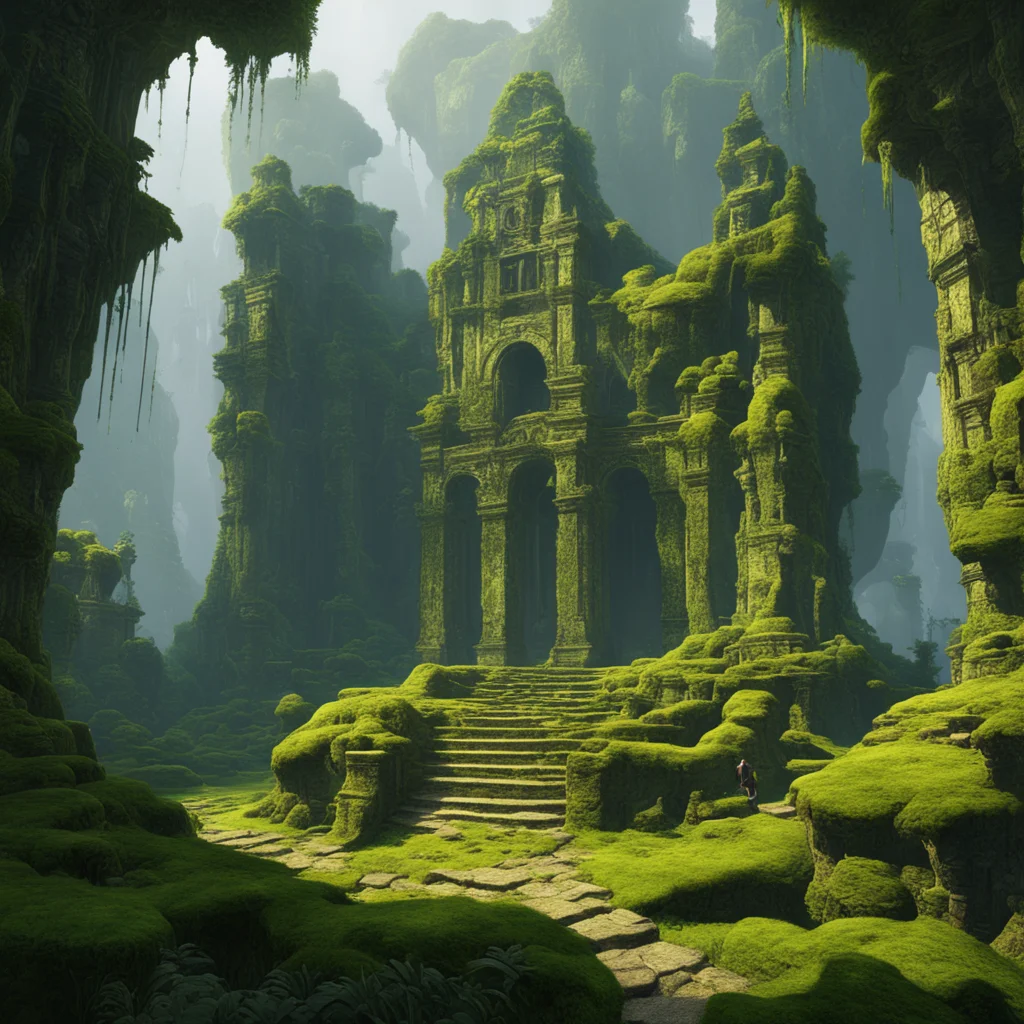 indonesian ancient rocky mossy labyrinth ruin Craig Mullins Michael Whelan 4k render cold complementer color scheme1 yel