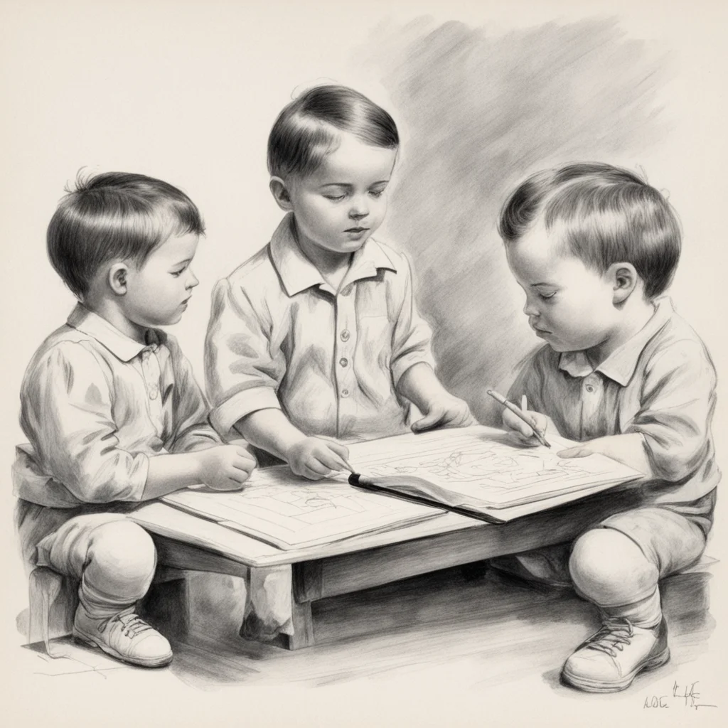 infantile drawing of kids learning 1940