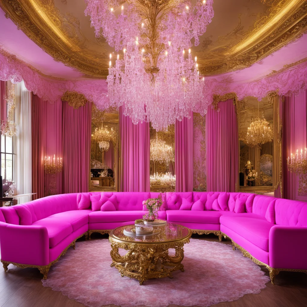 inside a luxury hotel crystal chandeliers pink draperies expensive golden couches candles graffiti h 1080 w 1920