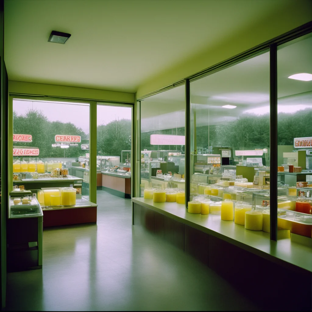inside of a Lemonade fast food restaurant direct wide angle view from the exterior looking in through shop windows and f