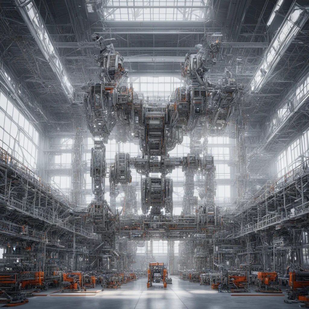 inside of a multi level robot manufacturing hangar tall gigantic silver mech being built with scaffolding going up multi
