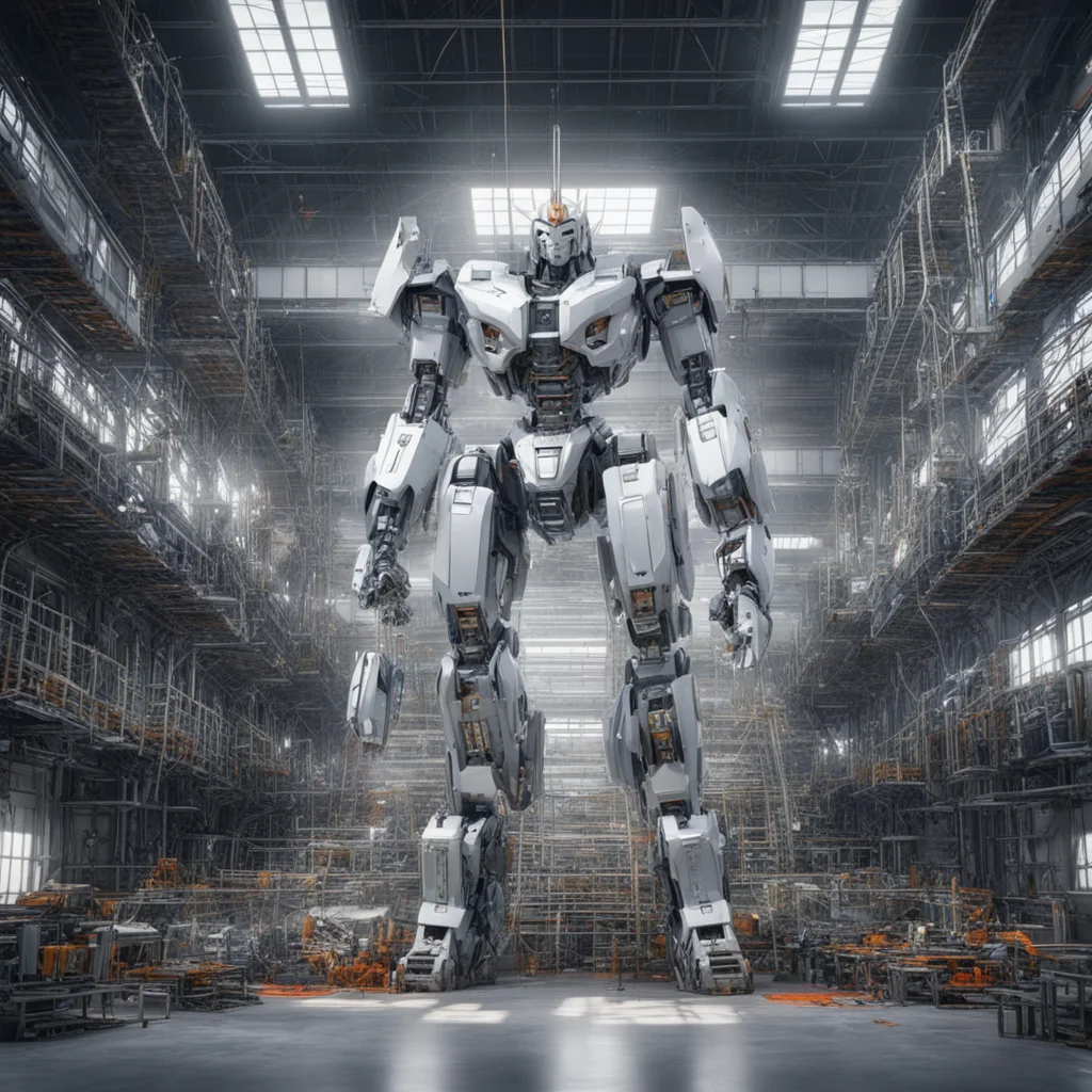 inside of a multi level robot manufacturing hangar tall gigantic silver mecha gundam being built with scaffolding going 