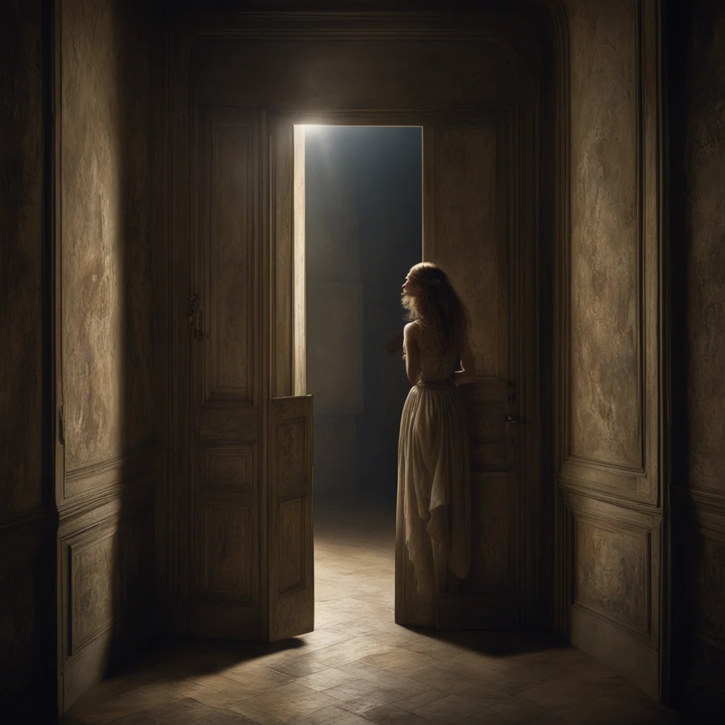 inside old house dark room light through door lonely woman 500 BC style of baroque painting ar 169