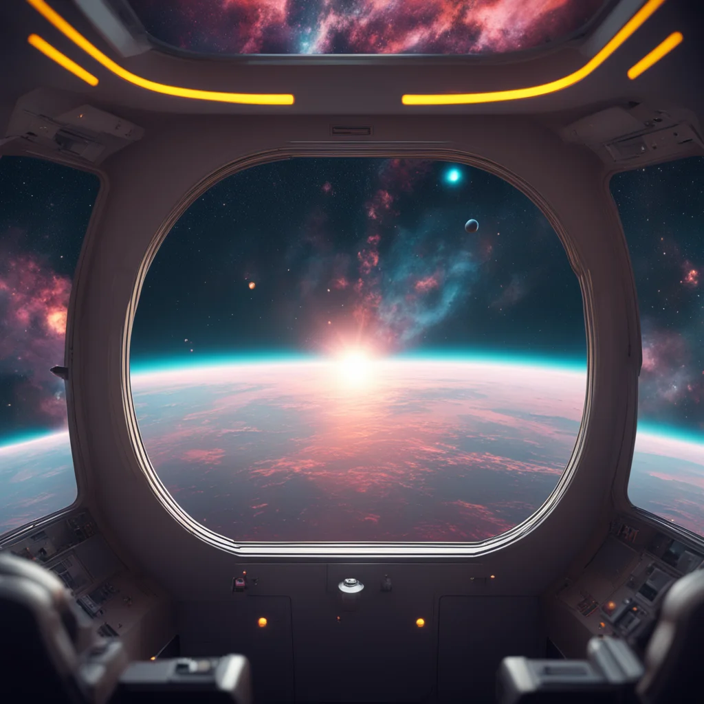 inside the spacecraft looking out the window a planet nebula cosmos explosion deep space spacetime concept art 4k octane