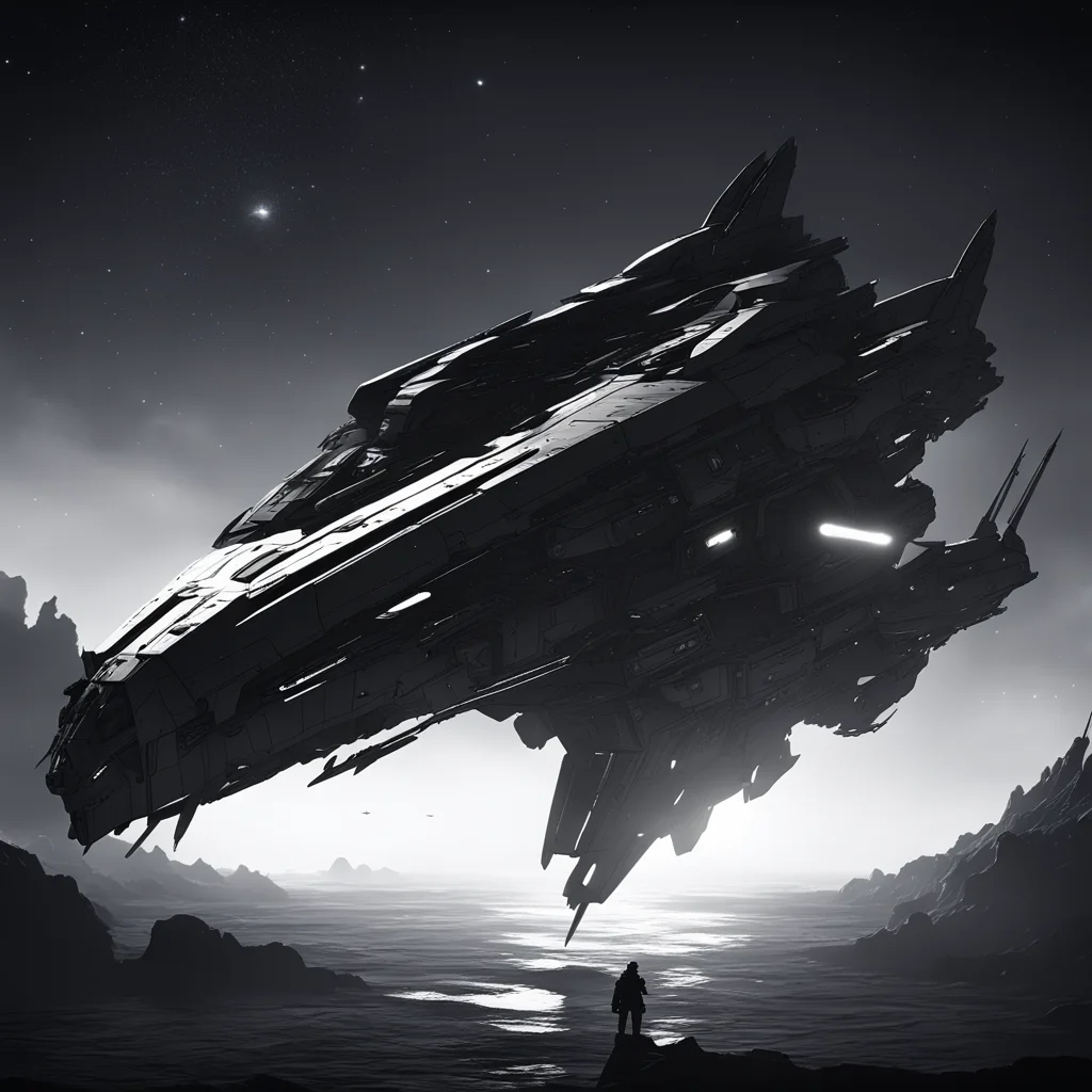 intergalactic warship anime dark atmospheric lighting volumetric manga style artstation black and white lineart aspect 1