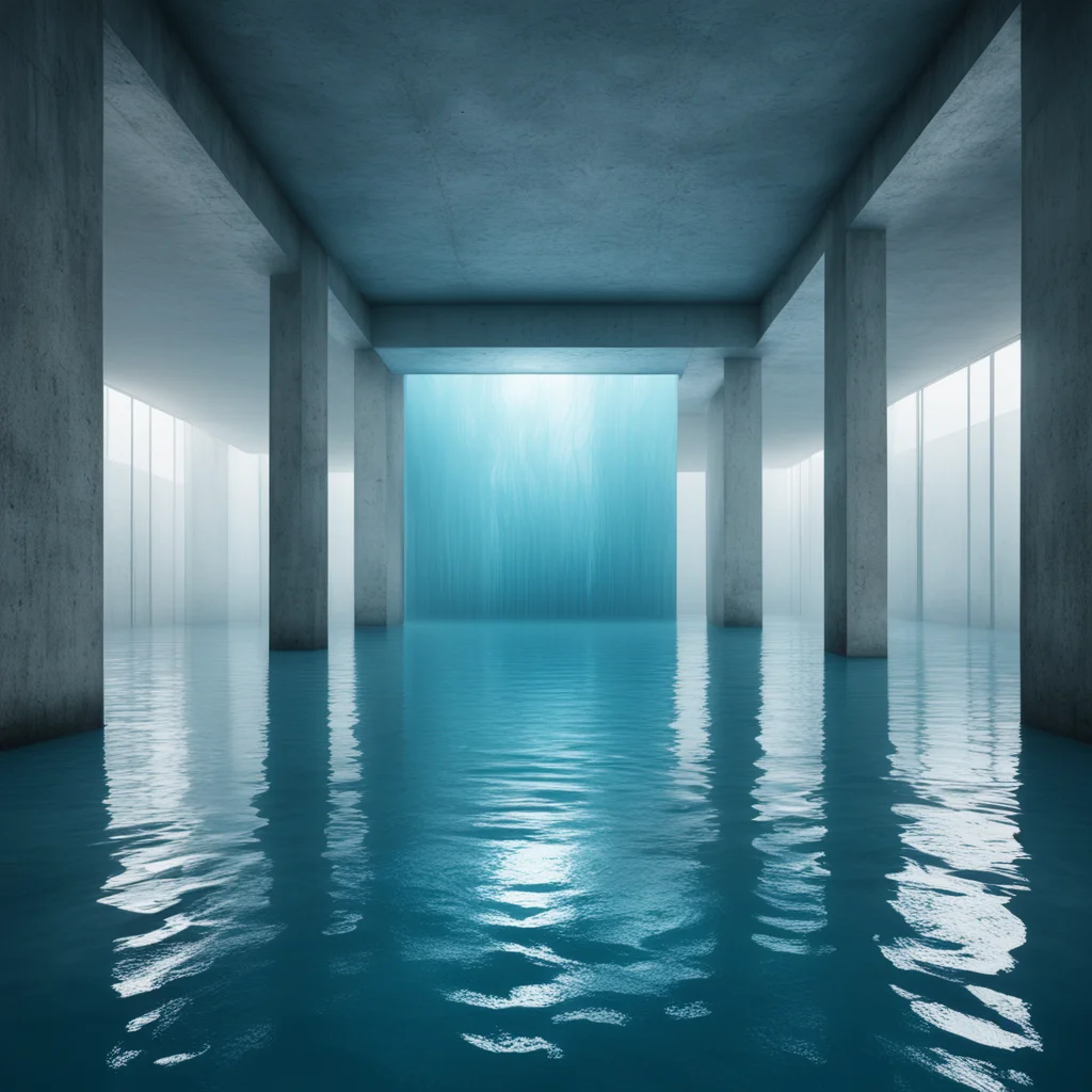 interior brutalist concrete art gallery bright beautiful blue water flooded low fog backlit fuji film 4k render ar 169