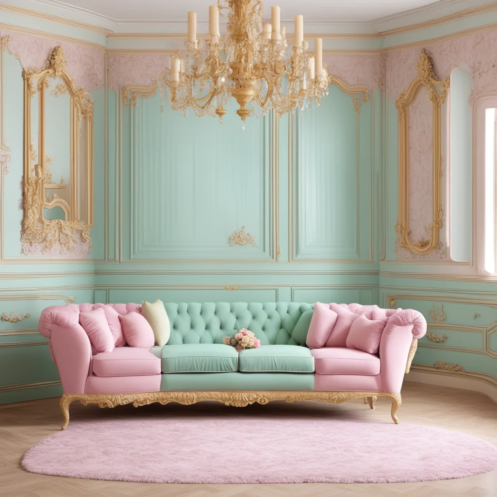 interior living room in the style of rococo sofa in the center photography soft pastel colors Simpsons family sitting on