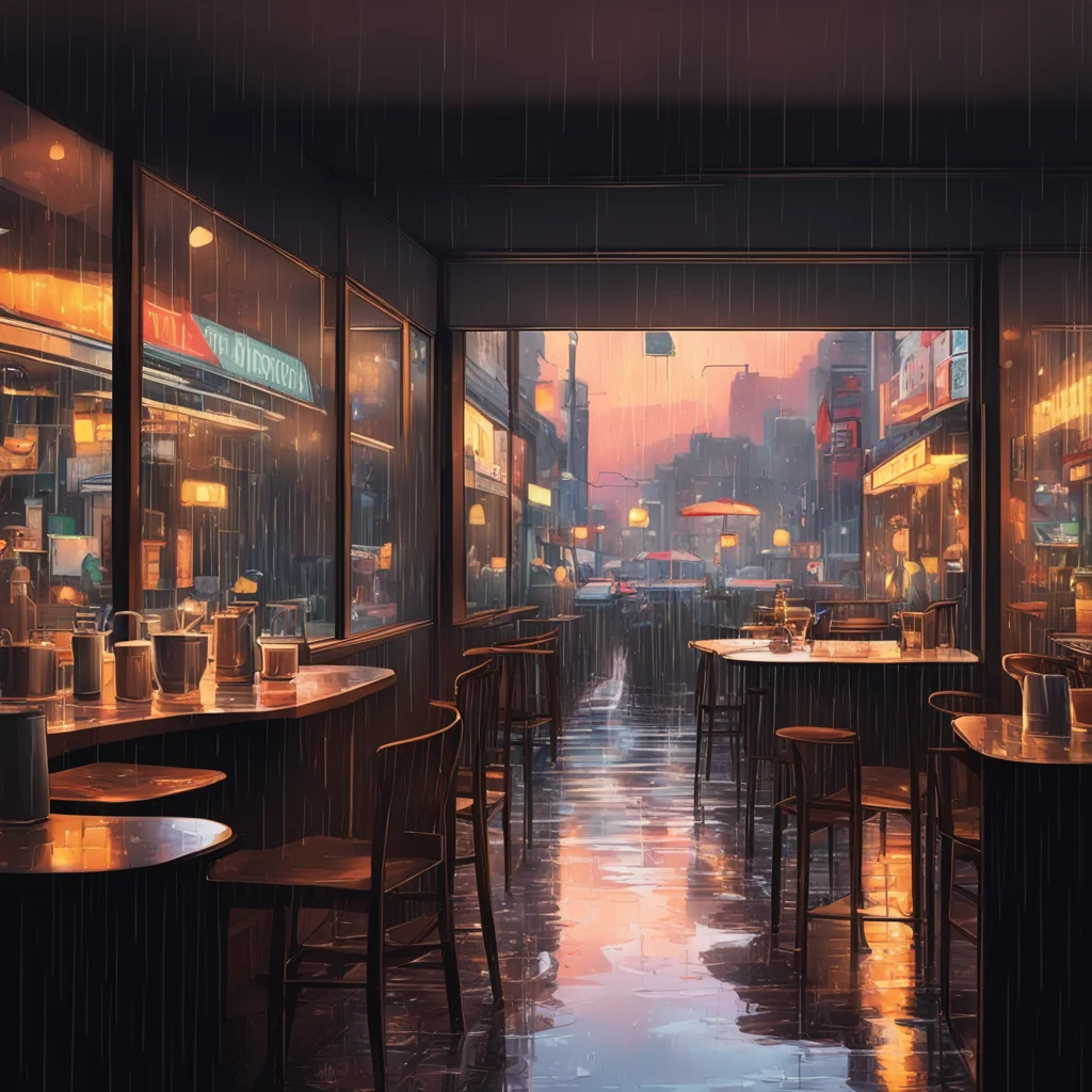 interior of a coffee shop looking out a rainy window onto a busy wet street sunset moody cinematic back lit anime art ar