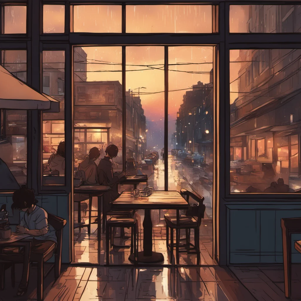 interior of a coffee shop looking out a rainy window onto a busy wet street sunset moody cinematic back lit anime artw 2160 h 4096