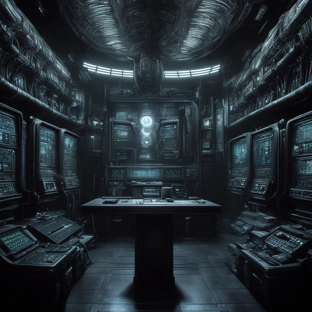 internal control room of alien Gods incredible detail cinematic lighting dark horror science fiction  style HR Giger Mar
