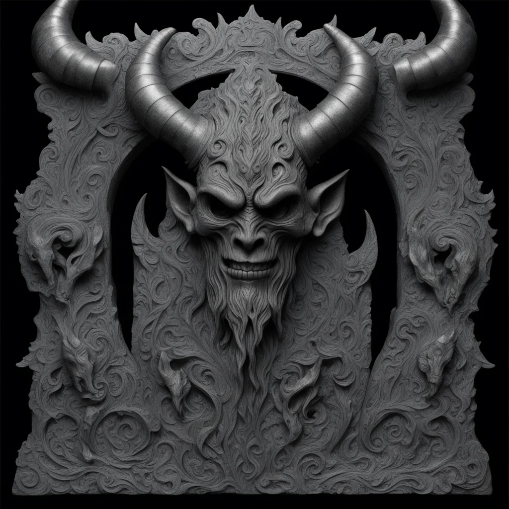 intricate black stone carving2 old black gates4 demon horns and faces3 demons from diablo4 clay sculpt of Lord of Hatred