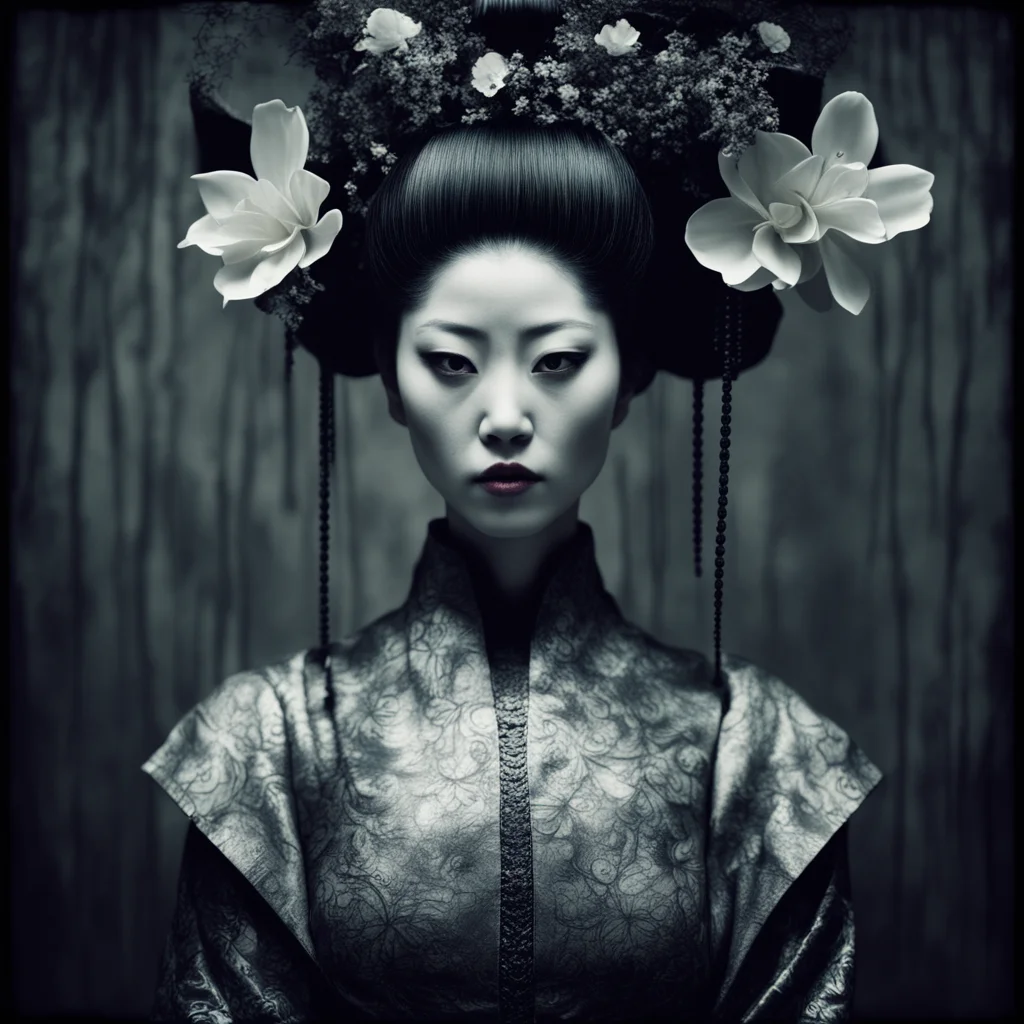 intricate cyber geisha in a liminal space detailed dark mysterious in the style of floria sigismondi and matt mahurin an