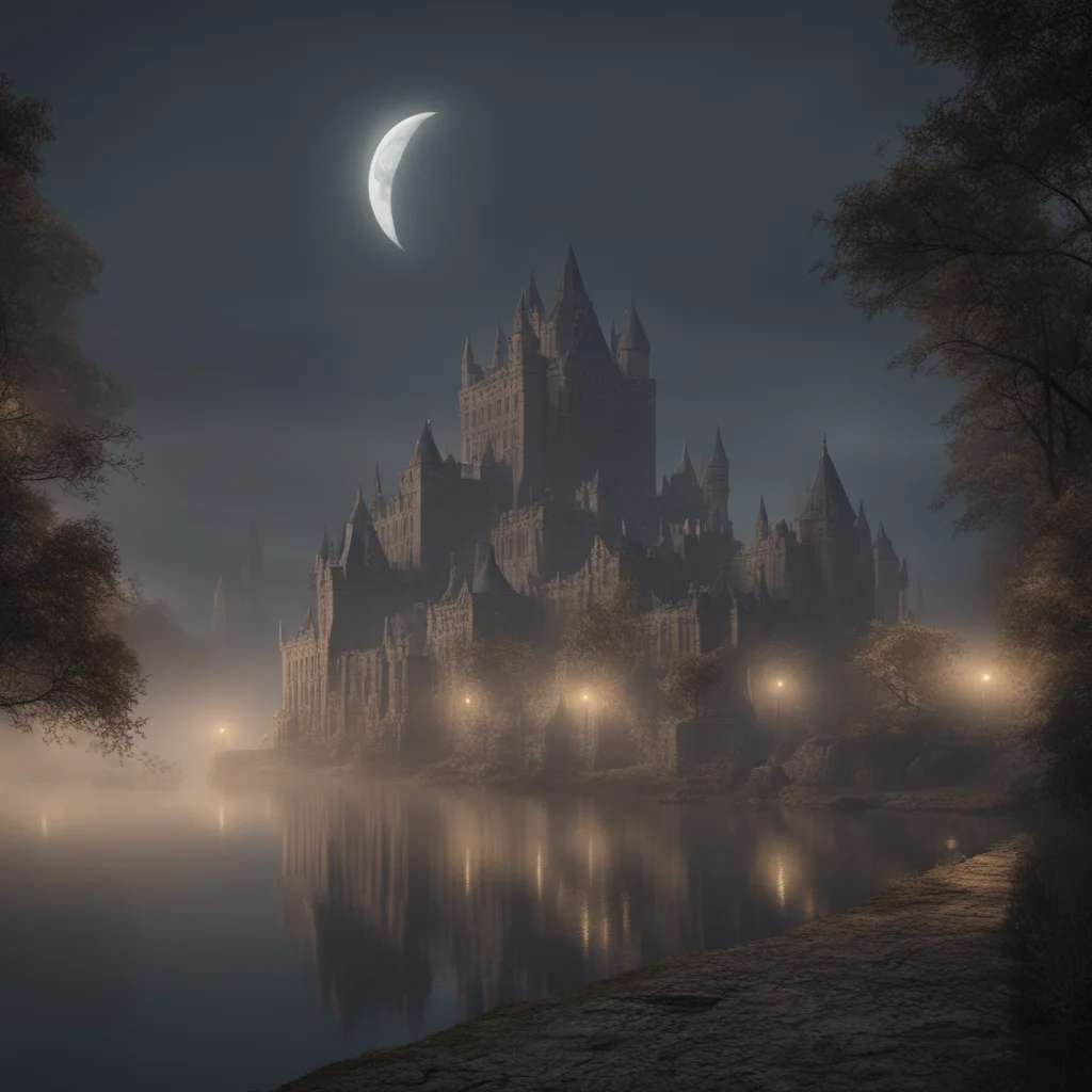 intricate labyrinthine medieval city castle gormenghast with many high towers in the distance on the shore of a lake misty dark night foggy moon photo re