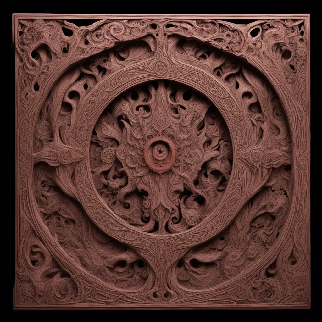 intricate wood carving2 rune writing3 eldritch beings4 red bright rubies4 photoreal carvings inspired by the works of lo