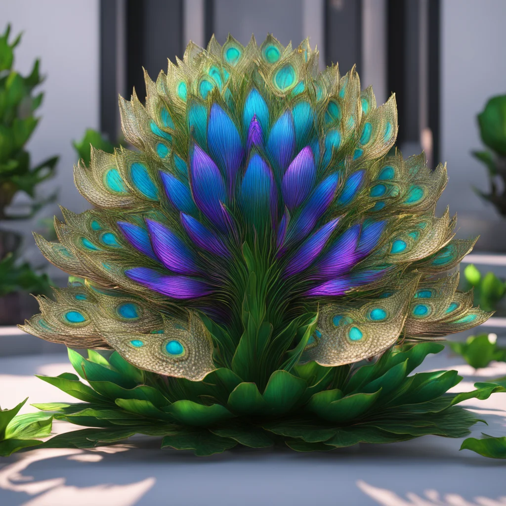 iridescent metal peacock front of a lotus bush in a white museum cinematic high resolution artstation unreal engine 5