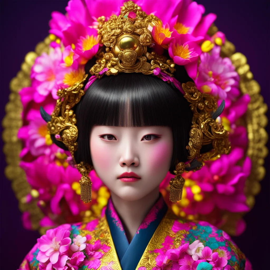 iridescent samurai doll helmet flowers rubies kimono fan beautiful expressive asian female face art fem rococo Japanese 