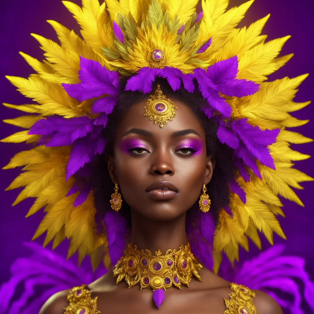 irridescent gold sunburst halo headpiece worn by oni leaves fur amethyst beautiful expressive african female face artgem