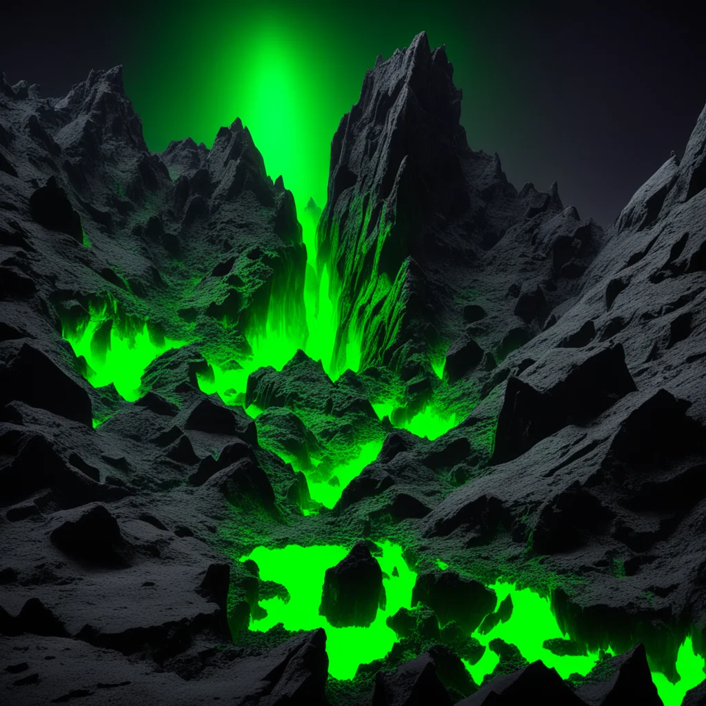 jagged obsidian landscape with neon green glow from below