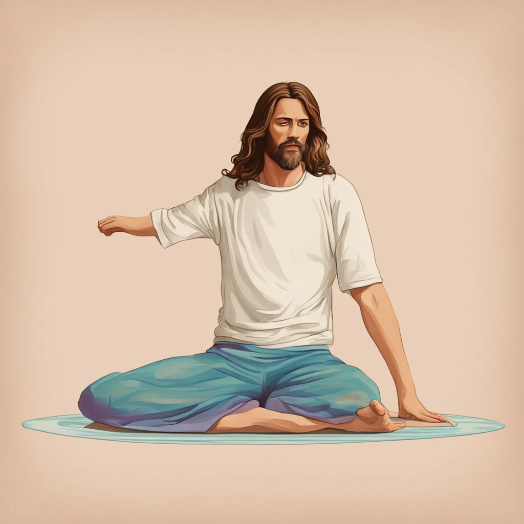 jesus in downward dog posture in the style of etsy yoga art