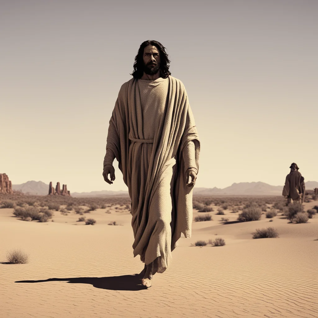 jesus walking satan standing desert in style of pixar  halftone  octane ar 916