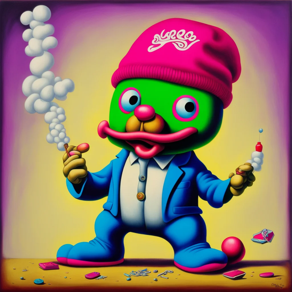 jim woodring painting of a beanie baby that is a 1920s gangster stamping out an explosive cigar