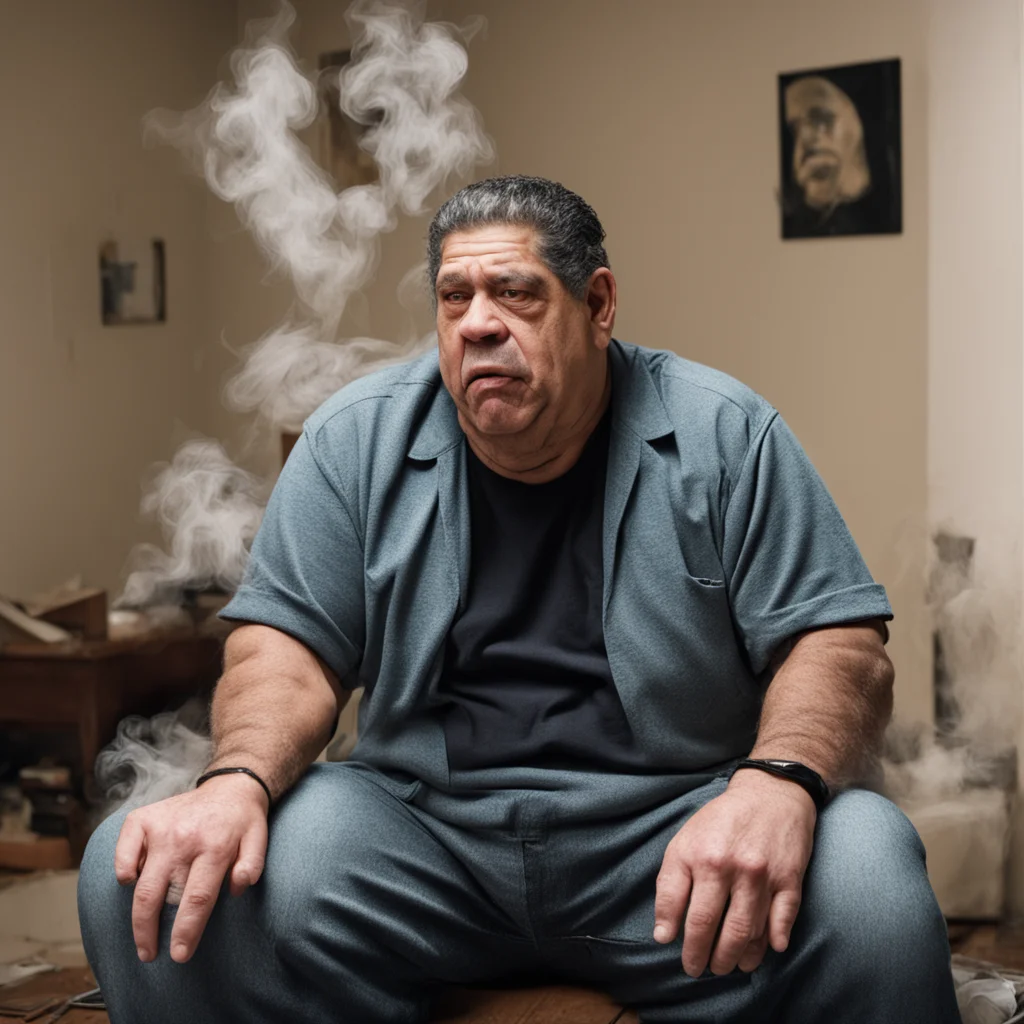 joey diaz sitting in a run down home smoking on crack in the style of ahn hyun ju