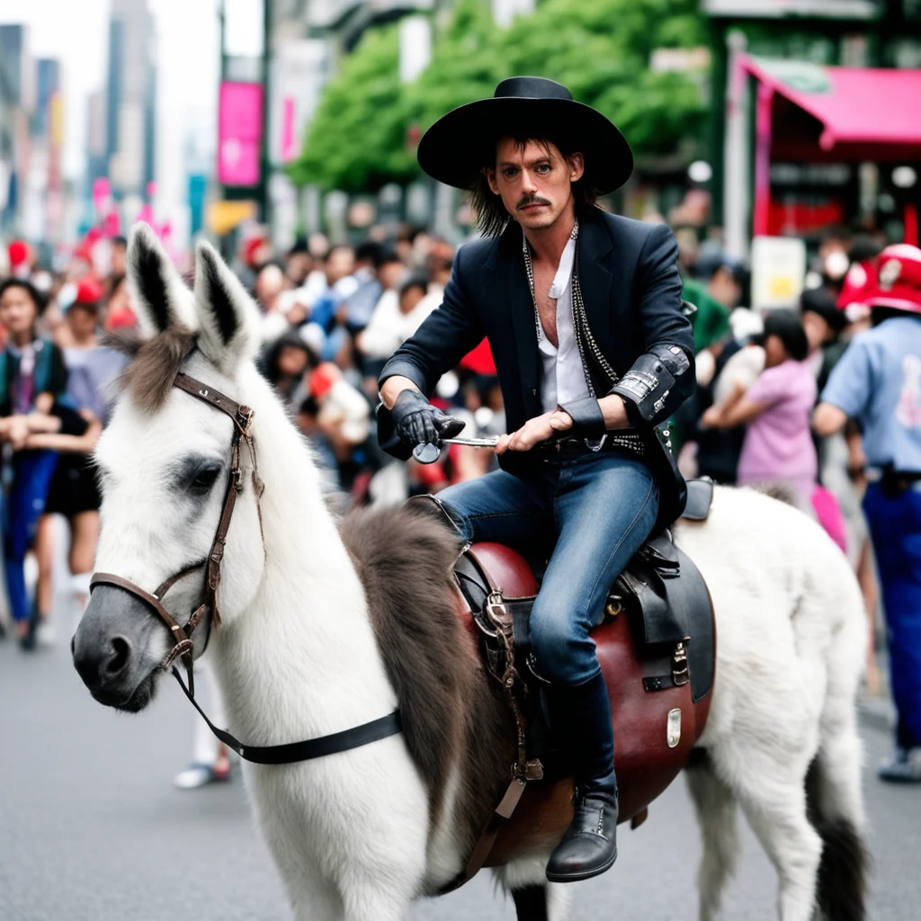 jonny depp dressed as edward scissor hands drinking a mega pint of red wine while riding a donkey in downtown tokyo duri