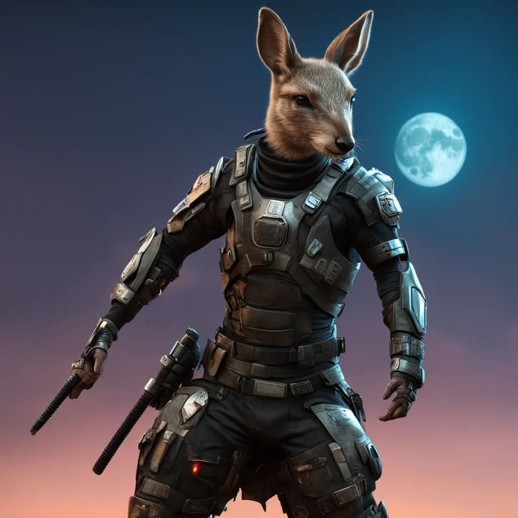 kangaroo side outfit full shot ninja dynamic pose cyberpunk hyperrealistic 3d under moon detailed Armor uplight