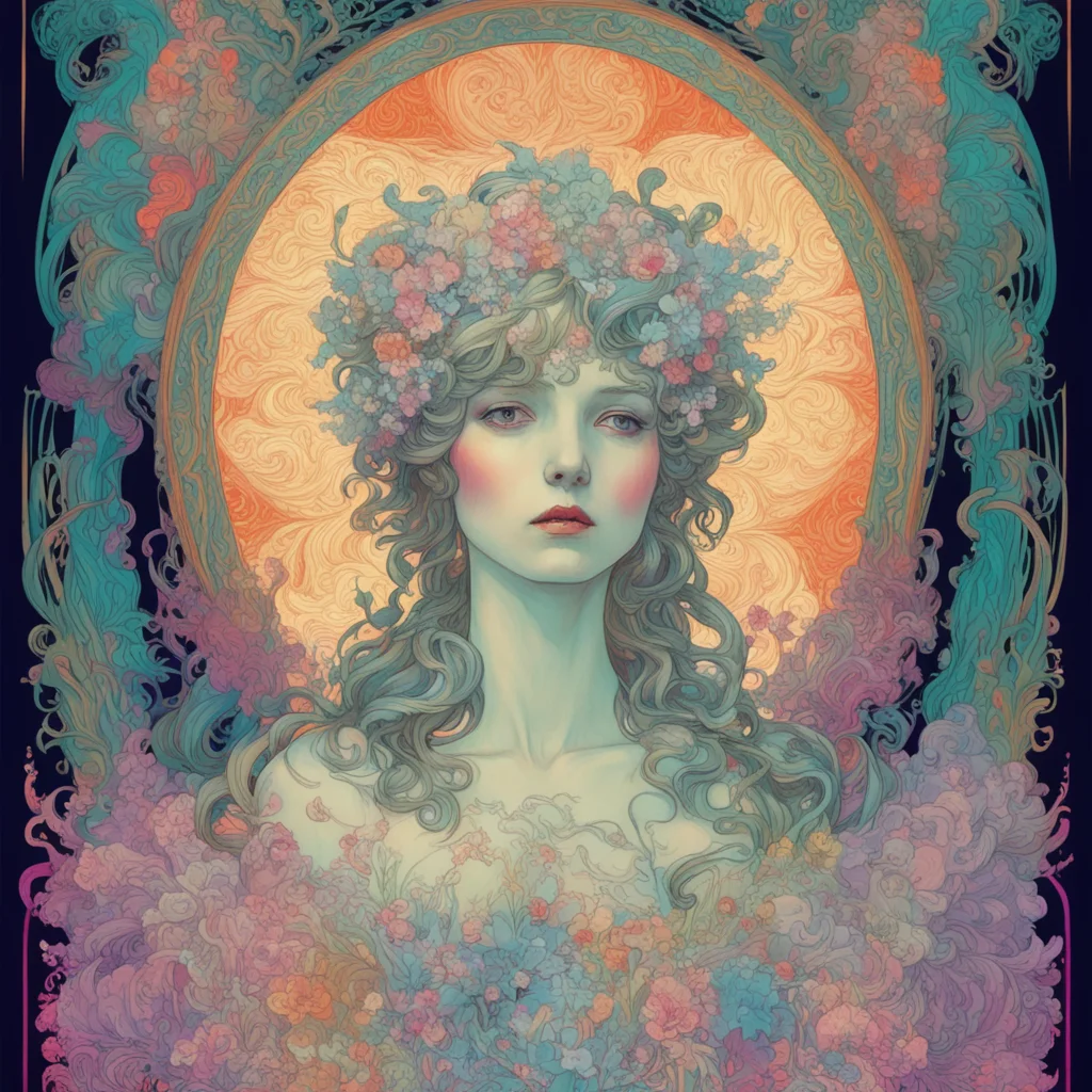 la petite mort heavily glitched layered colours poster by alfons mucha