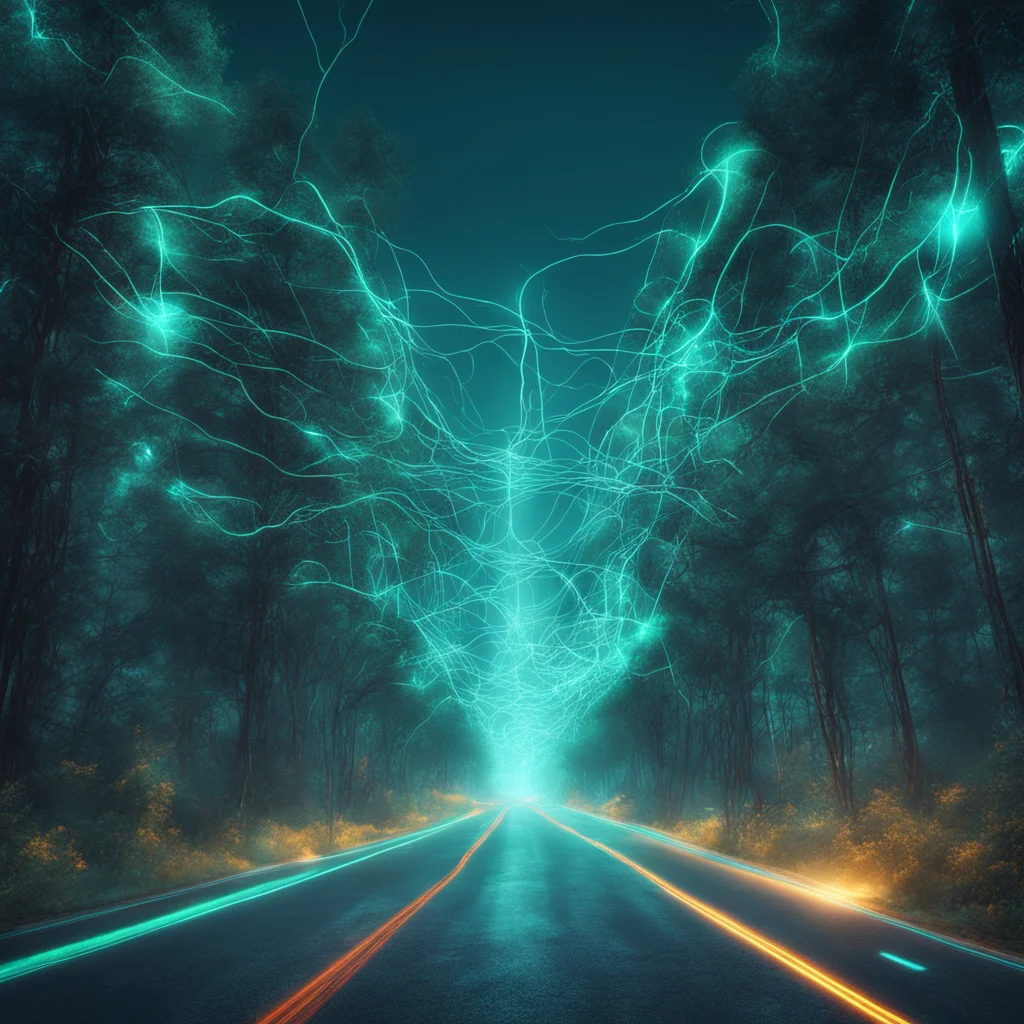 landscape abstract bioluminescent cables coming from sky and hitting road bordered by trees fractal energy cyberpunk cin