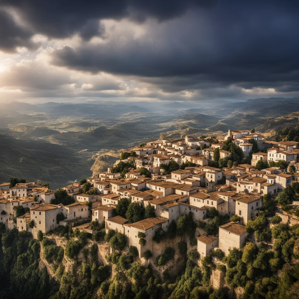 landscape photography town of Ronda on the mountain dramatic sky epic vista dramatic lighting cinematic photo realistic 