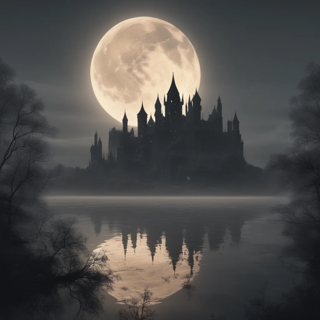 large alien medieval city castle gormenghast with many high towers in background in silhouette with misty lake in foreground night foggy two moons black s