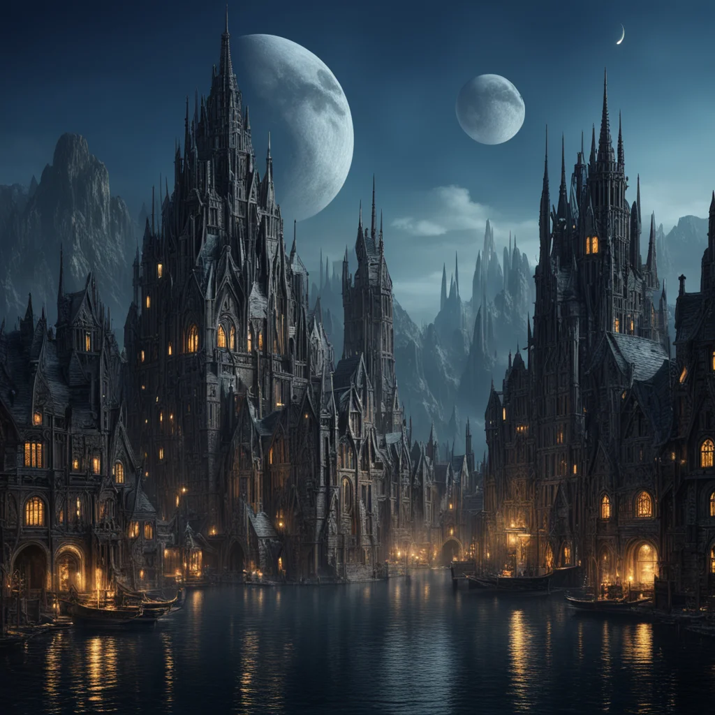 large alien medieval city gormenghast high towers on lake shore night moon photo real high detail —w 2400 —h 3600