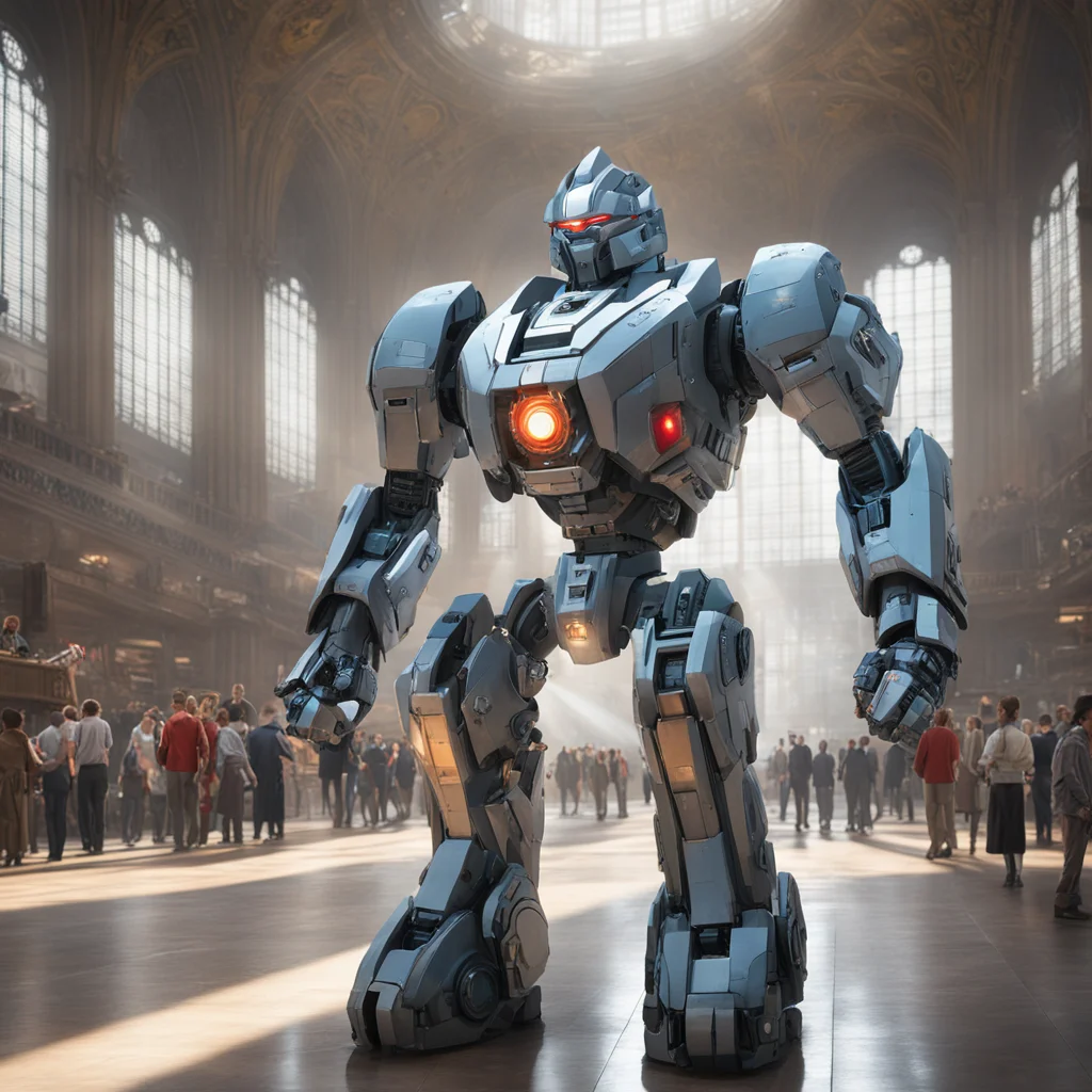 large battle Mecha asking tourists politely for directions inside Grand Central Station interior hall sunlight shining t