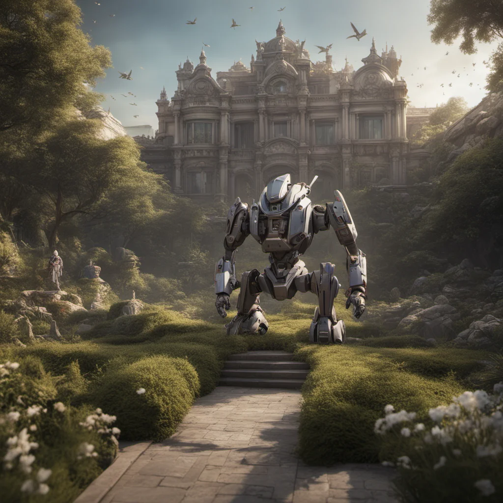 large battle Mecha gardening in a labyrinth garden in front of a huge villa creek birds dramatic lighting matte painting highly detailed cgsociety hyperr