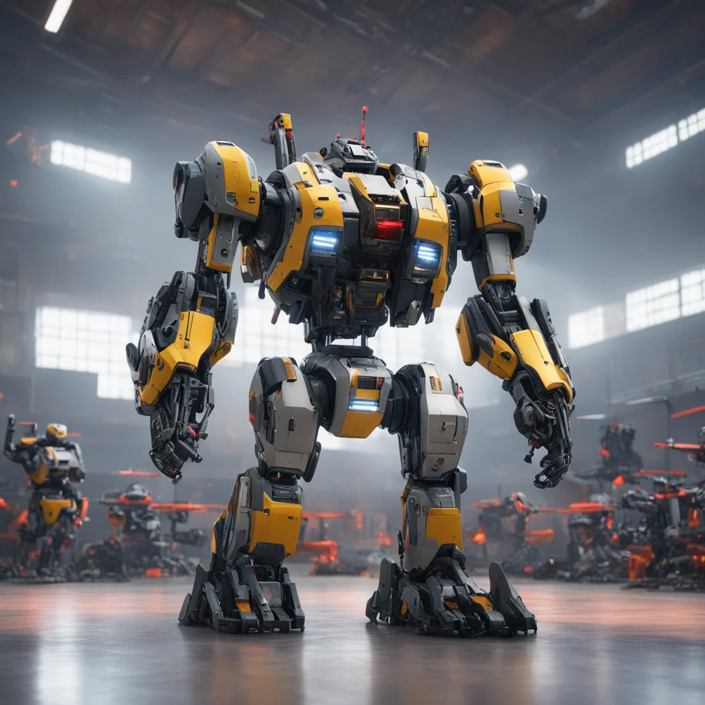 large battle Mecha hanging out with smaller Boston Dynamics robots in a gymnasium cinematic lighting matte painting high