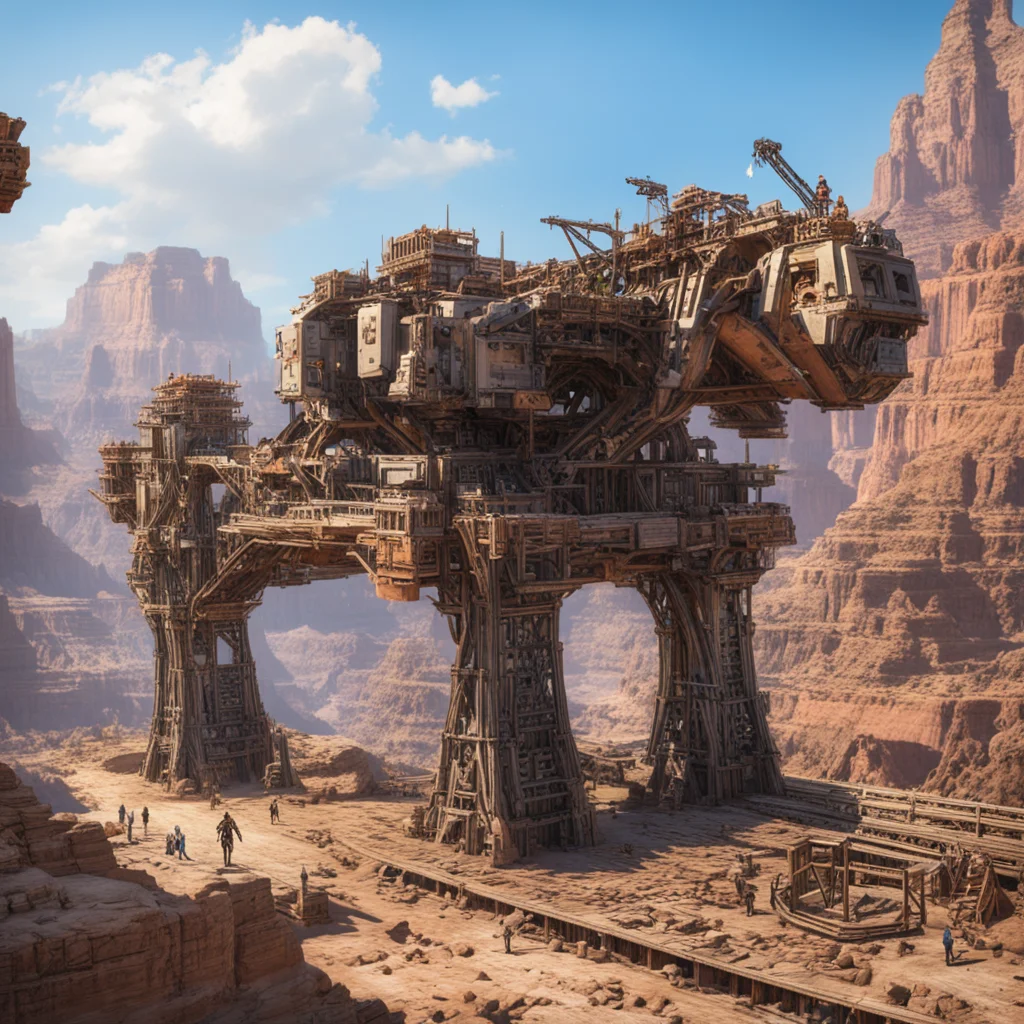 large battle Mecha helping with the construction of a timber tristle train bridge across the Grand Canyon Wild West era 