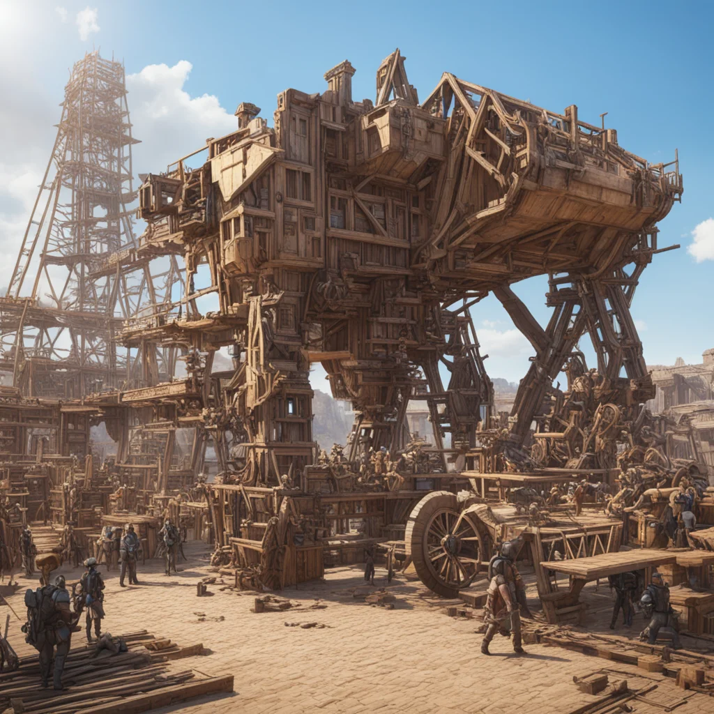 large battle Mecha helping with the construction of a wooden Rollercoaster in a Wild West town 1860 hundreds of construc