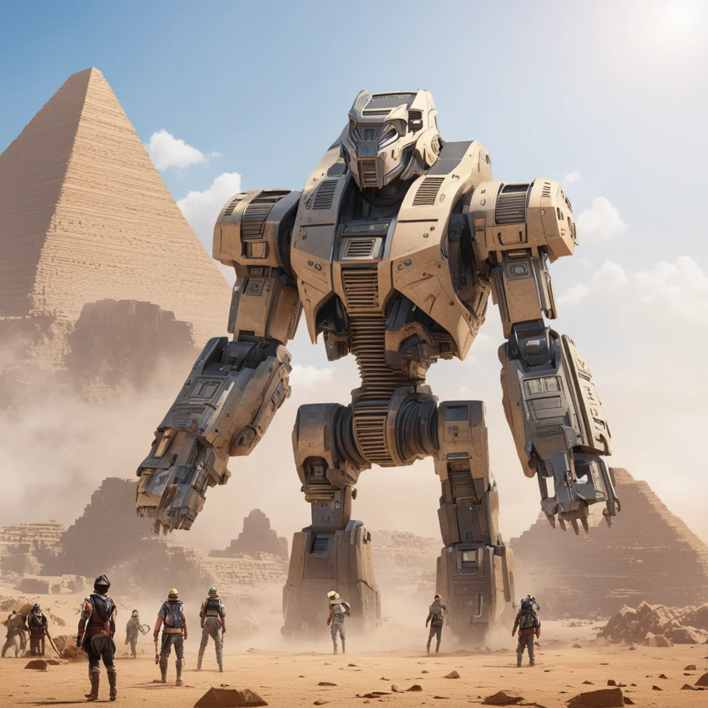 large battle Mecha helping with the construction of the Egyptian pyramids hundreds of construction workers scaffolding a