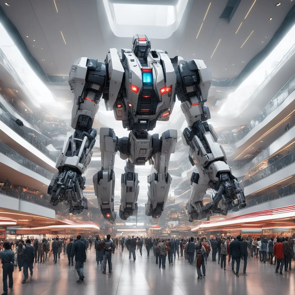 large battle Mecha in a 5 story tall indoor shopping mall with escalators filled with a busy crowd bland lighting matte 