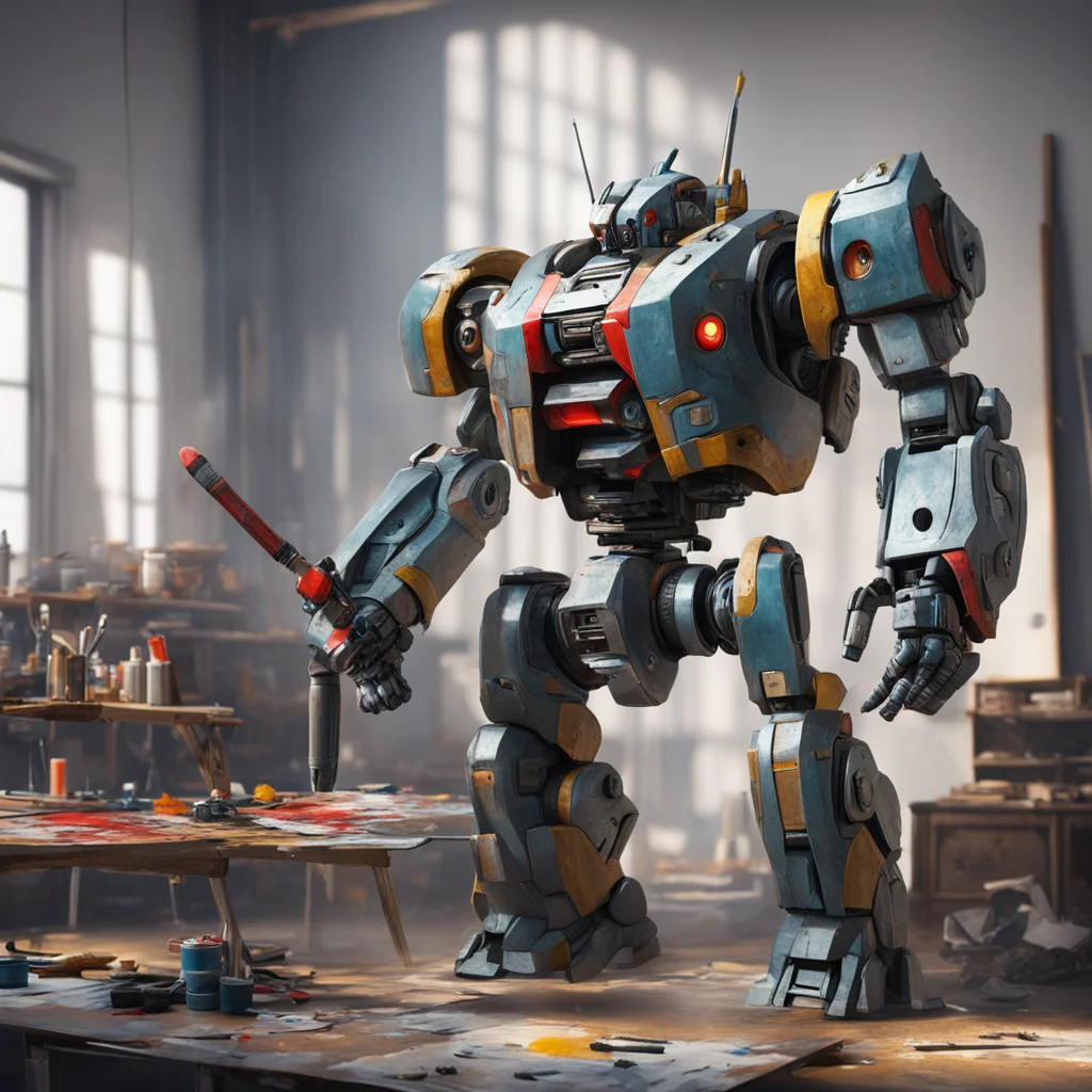 large battle Mecha in a painters atelier holding a brush and pallette of paint in front of an easel with canvas cinemati