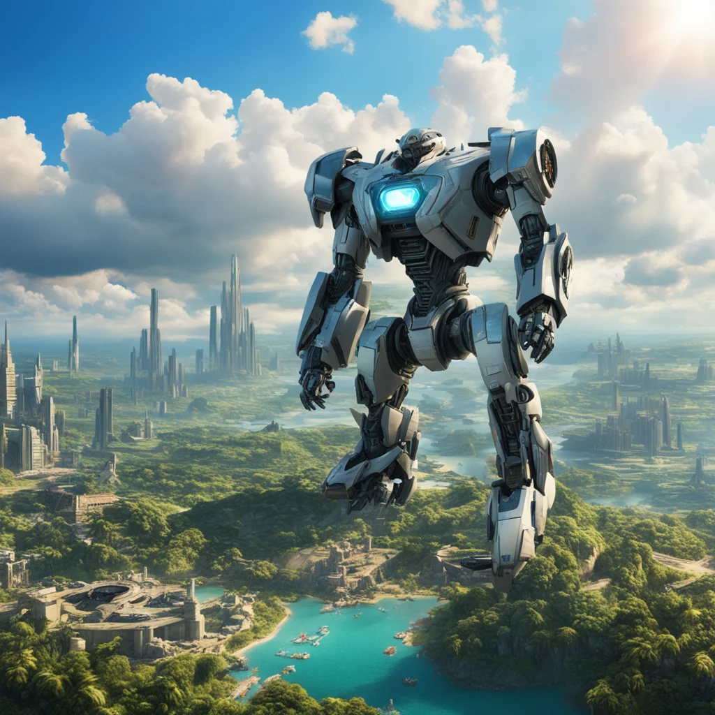 large battle Mecha in foreground guarding the ancient city of Atlantis crowded large vista vegetation clouds and sunshin