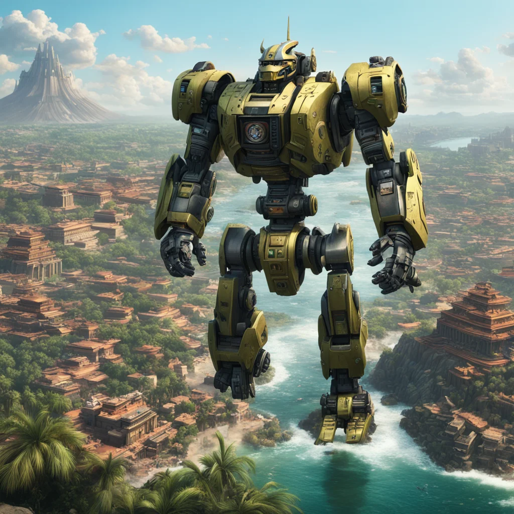 large battle Mecha in foreground guarding the epic ancient city of Tenochtitlan surrounded by a river Aztec culture crow