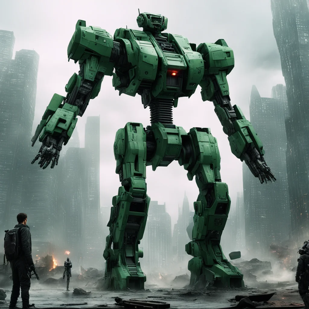 large battle Mecha in foreground in The Matrix movie matte painting highly detailed cgsociety hyperrealistic no dof ar 1