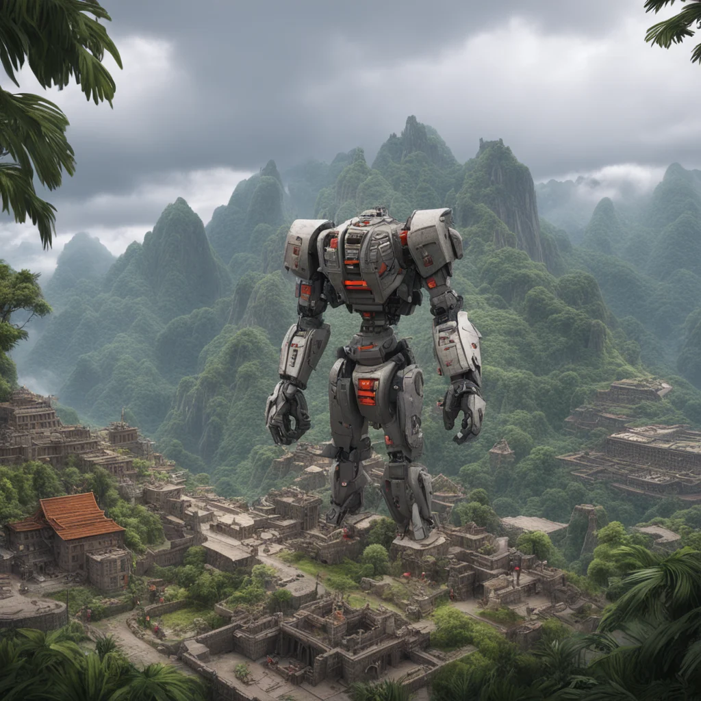 large battle Mecha in foreground looking at Machu Picchu tropical forest hundreds of indigenous construction workers scaffolding ancient culture rainy day